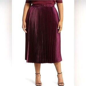 Anne Klein Satin Pleated Maxi Skirt Womens Plus Size 3X Chianti Burgundy NWT